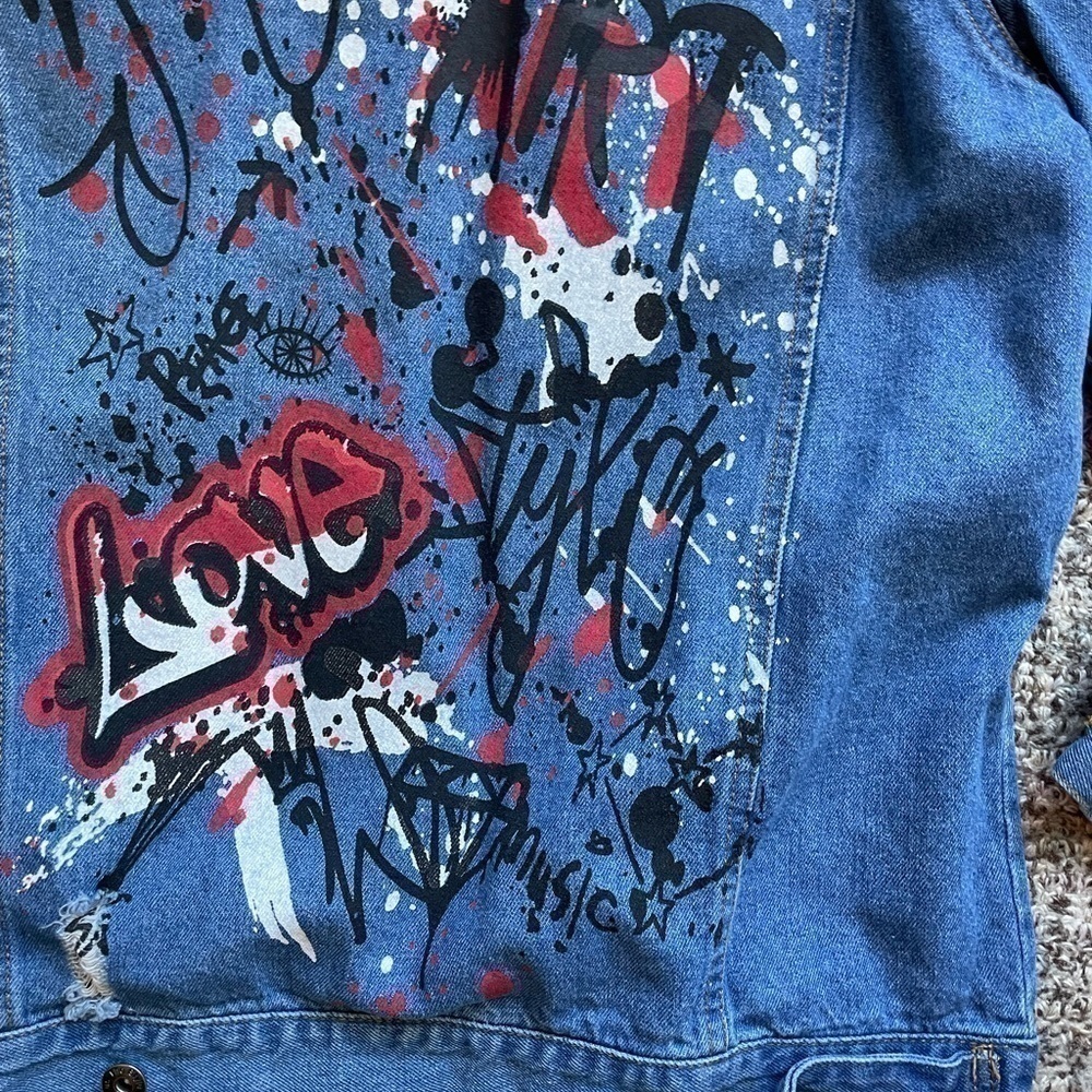 Distressed Denim Graffiti Jean Jacket Womens - Picture 9 of 10
